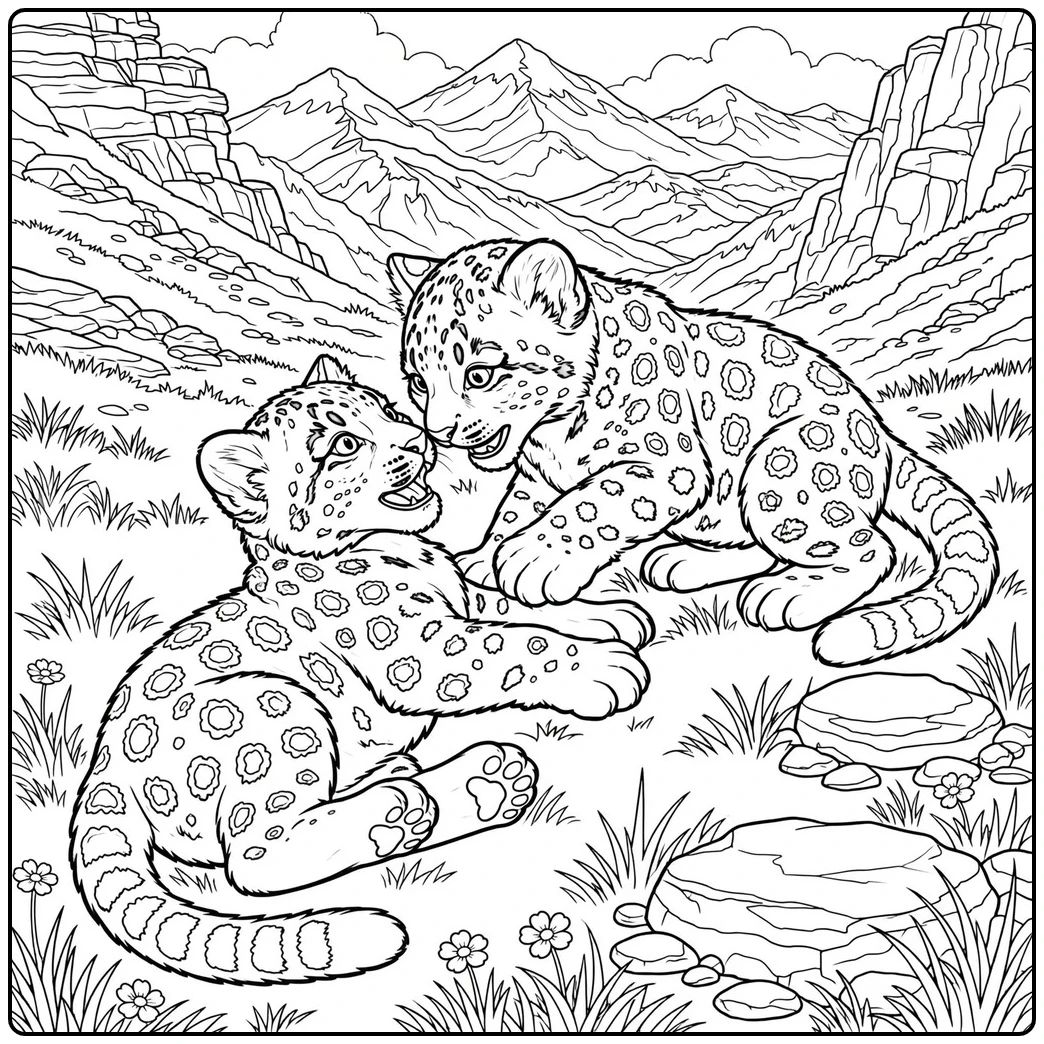Two young snow leopards playfully wrestling on a grassy mountain slope