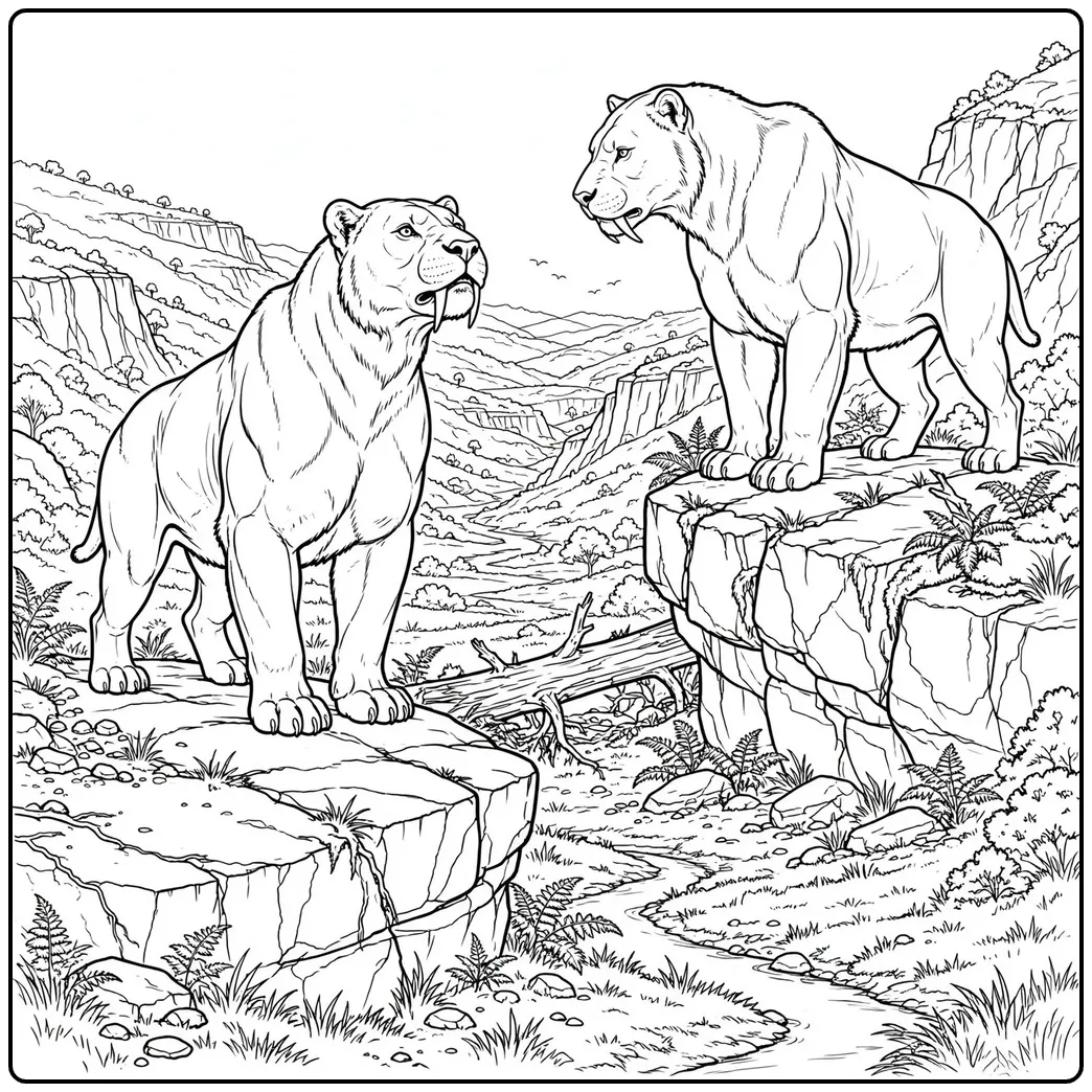 Two saber tooth tigers facing each other from separate rocky ledges above a winding stream