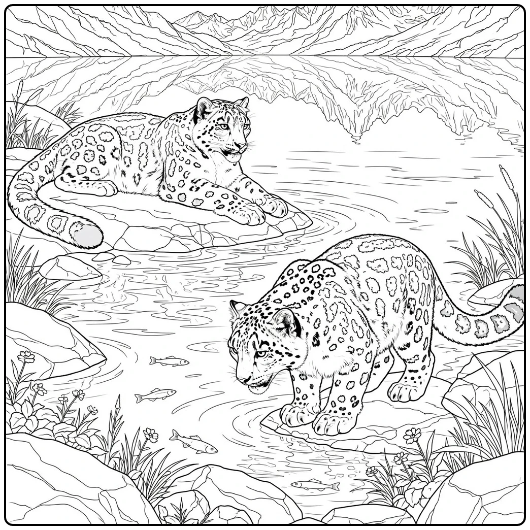Two adult snow leopards watching fish beside a peaceful alpine mountain lake