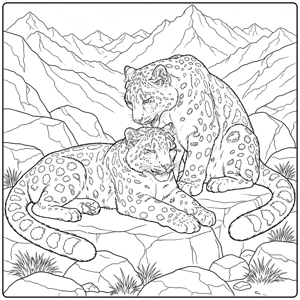 Two snow leopards resting together on a rocky ledge in a realistic snow leopard coloring page