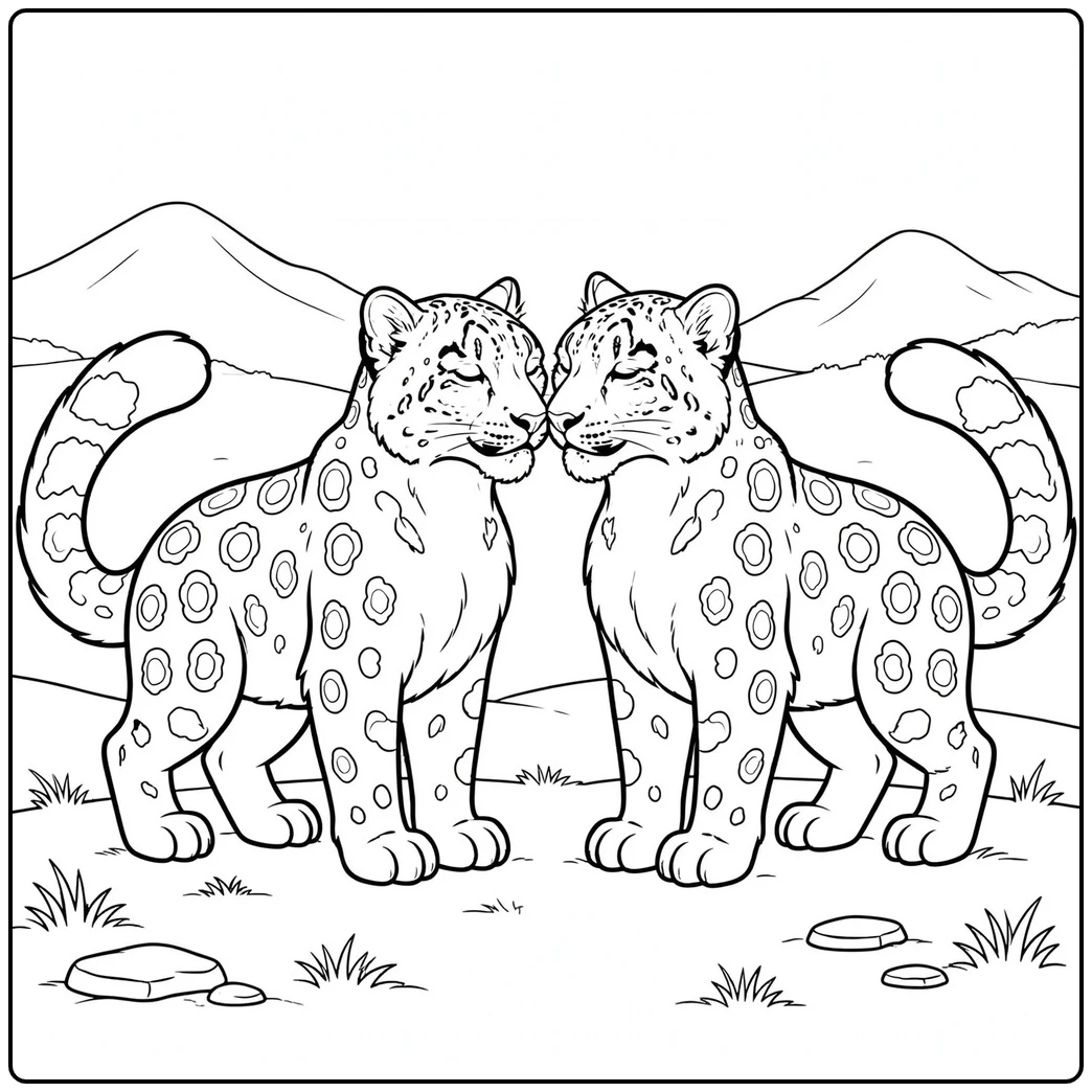 Two snow leopards gently touching noses on an alpine meadow with distant mountains