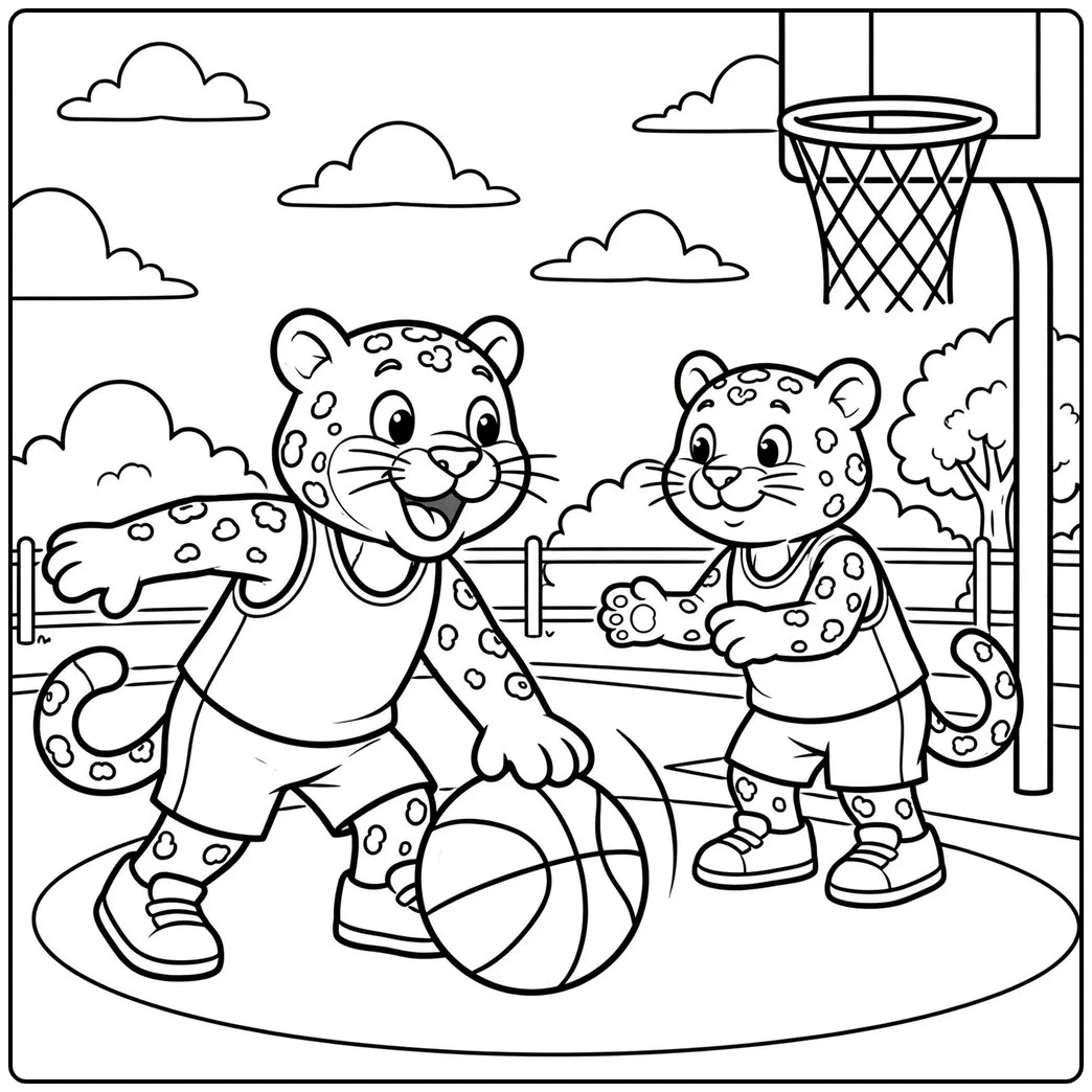 Two jaguars wearing basketball jerseys and sneakers playing together near an outdoor hoop