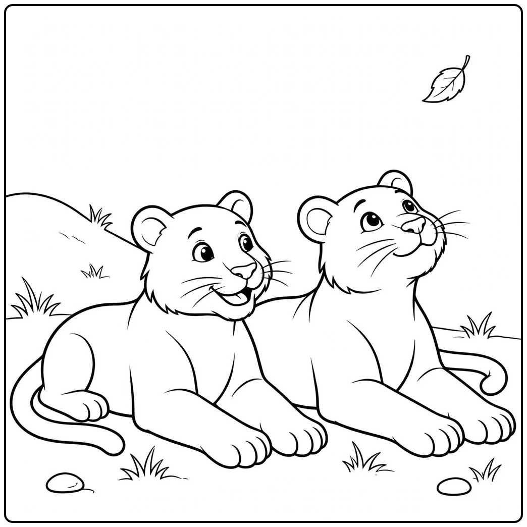 Two resting cats on a tiger without stripes coloring page watch a single falling leaf