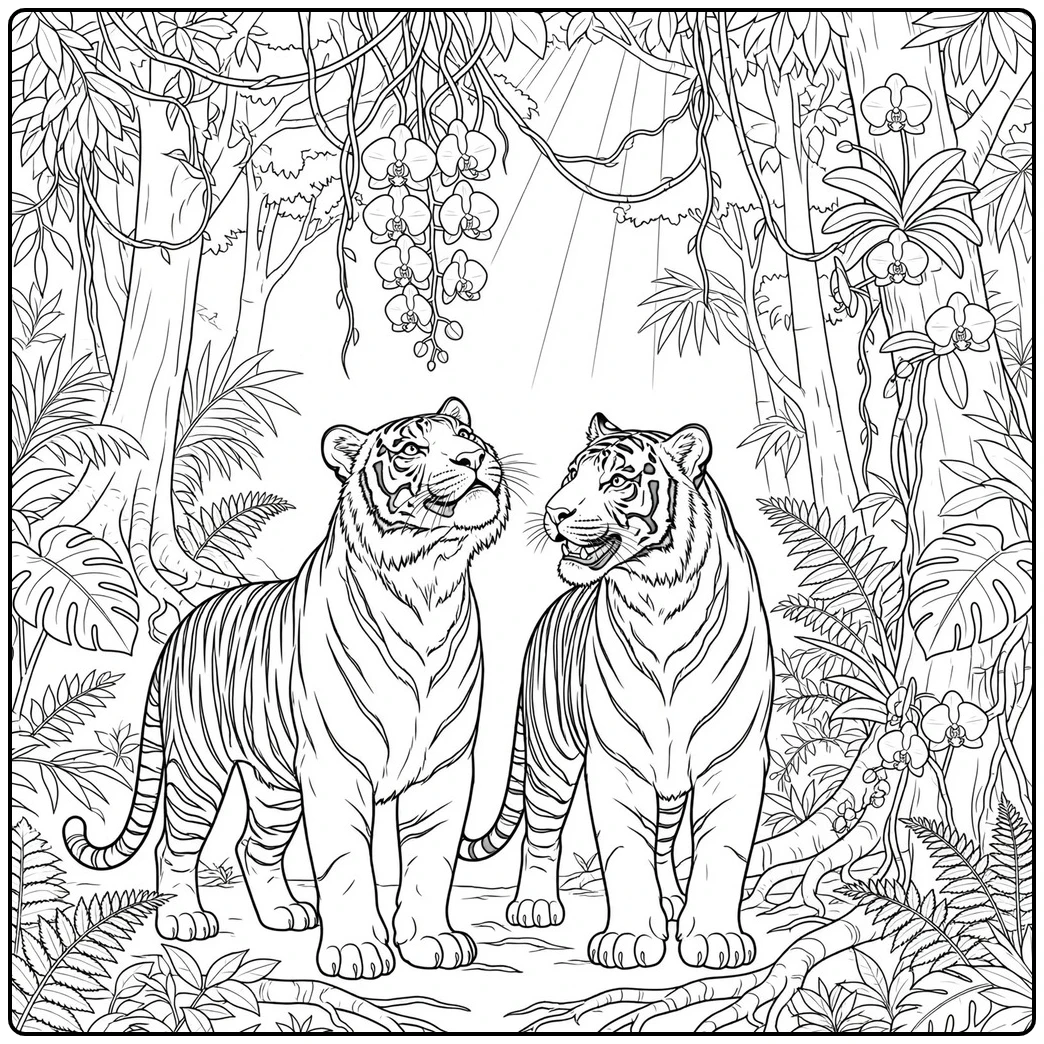 Two tigers stand together among orchids, vines, ferns, and tall tropical forest trees
