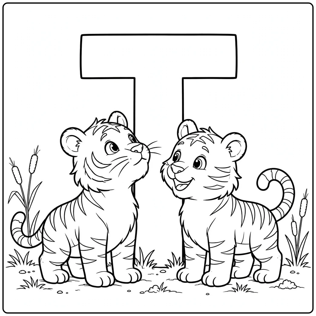 Two young tigers stand beneath a giant letter T surrounded by reeds and grass