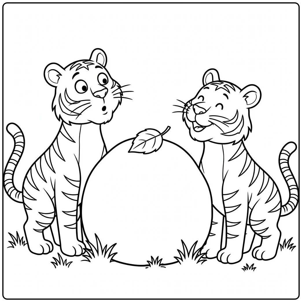 Two playful tigers inspect a large round rock topped with a single fallen leaf
