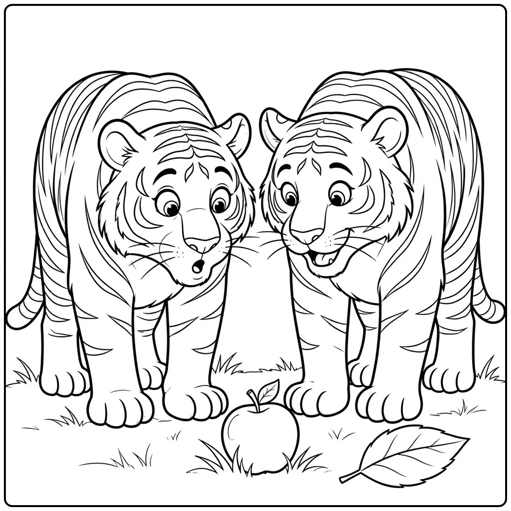 Two curious tigers stand over a round apple and a fallen leaf in a simple meadow