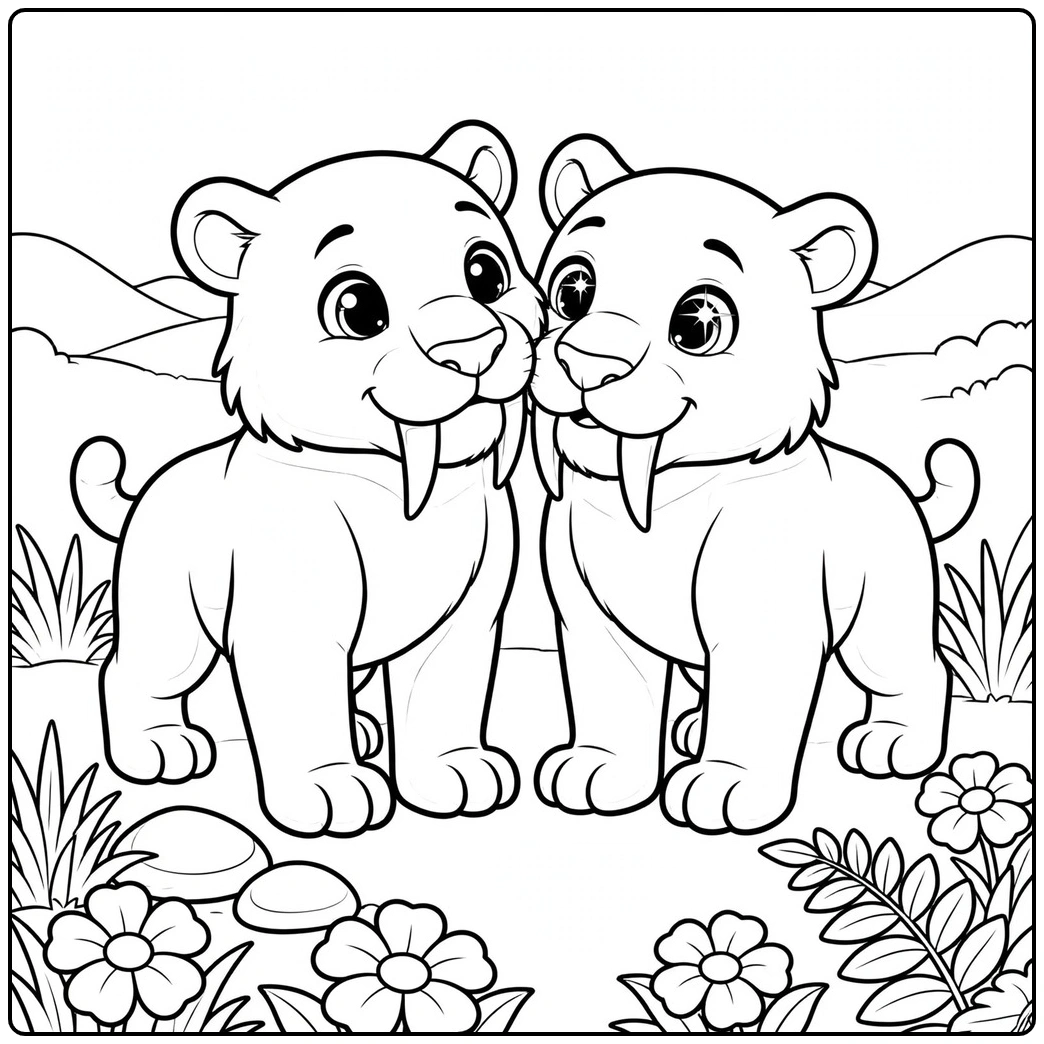 Two bright-eyed saber tooth tigers nuzzling together among flowers and distant hills