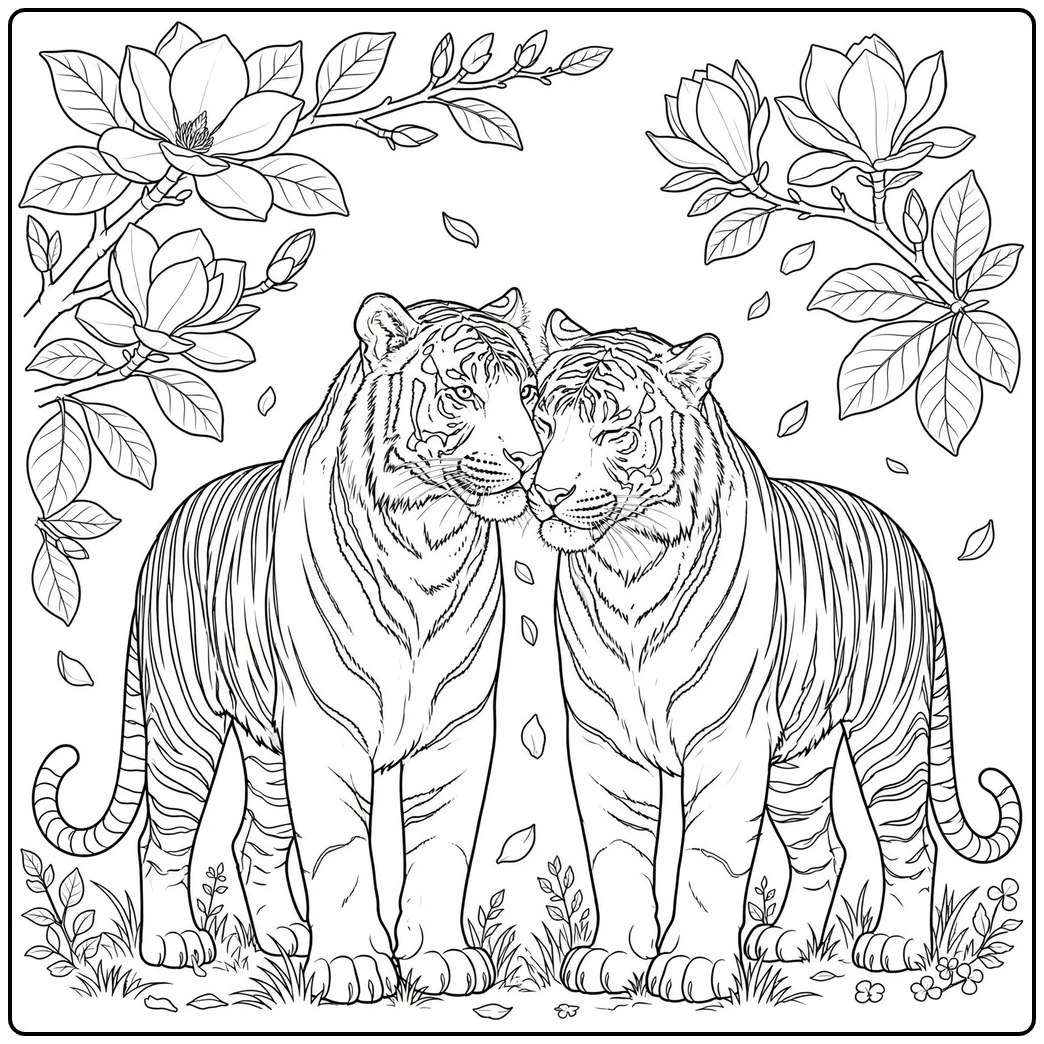 Two adult tigers nuzzling beneath blooming magnolia branches and drifting petals