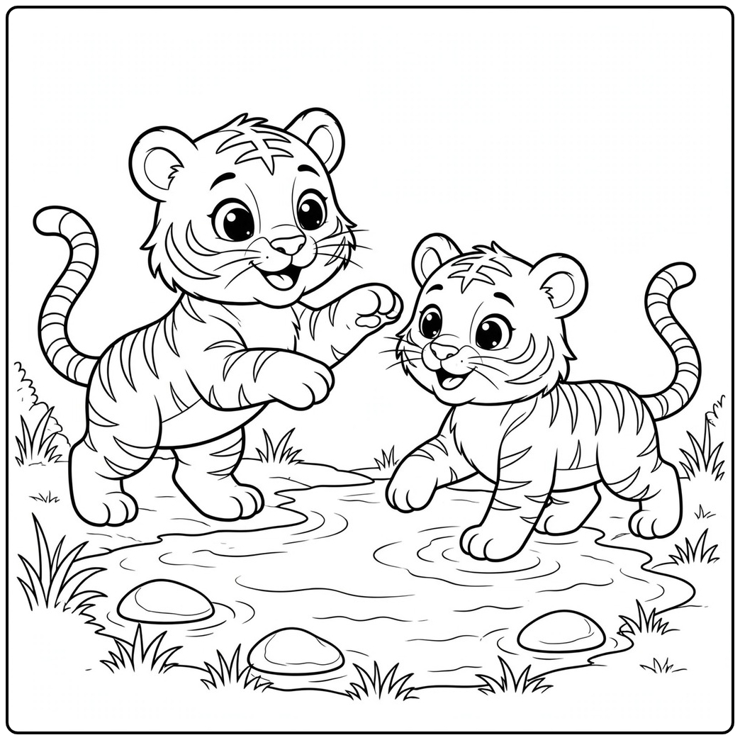 Two happy tigers stepping through shallow water with smooth stones nearby