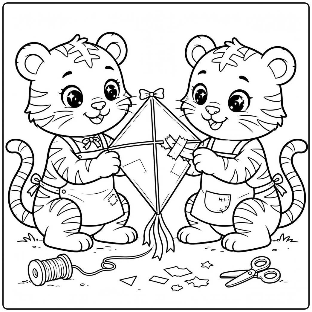 Two tigers repairing a kite together in a cute tiger coloring page