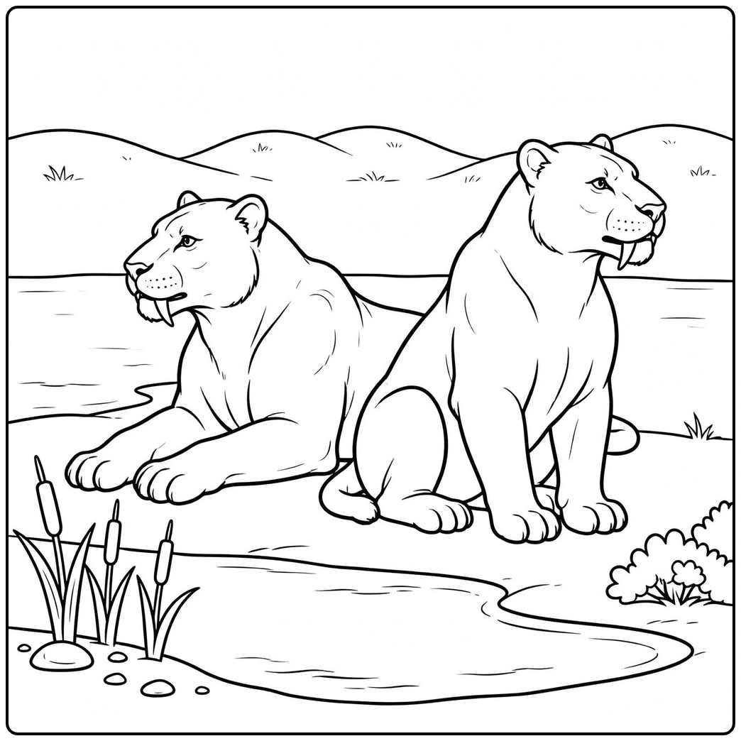 Two saber tooth tigers resting beside a pond with reeds and rolling hills