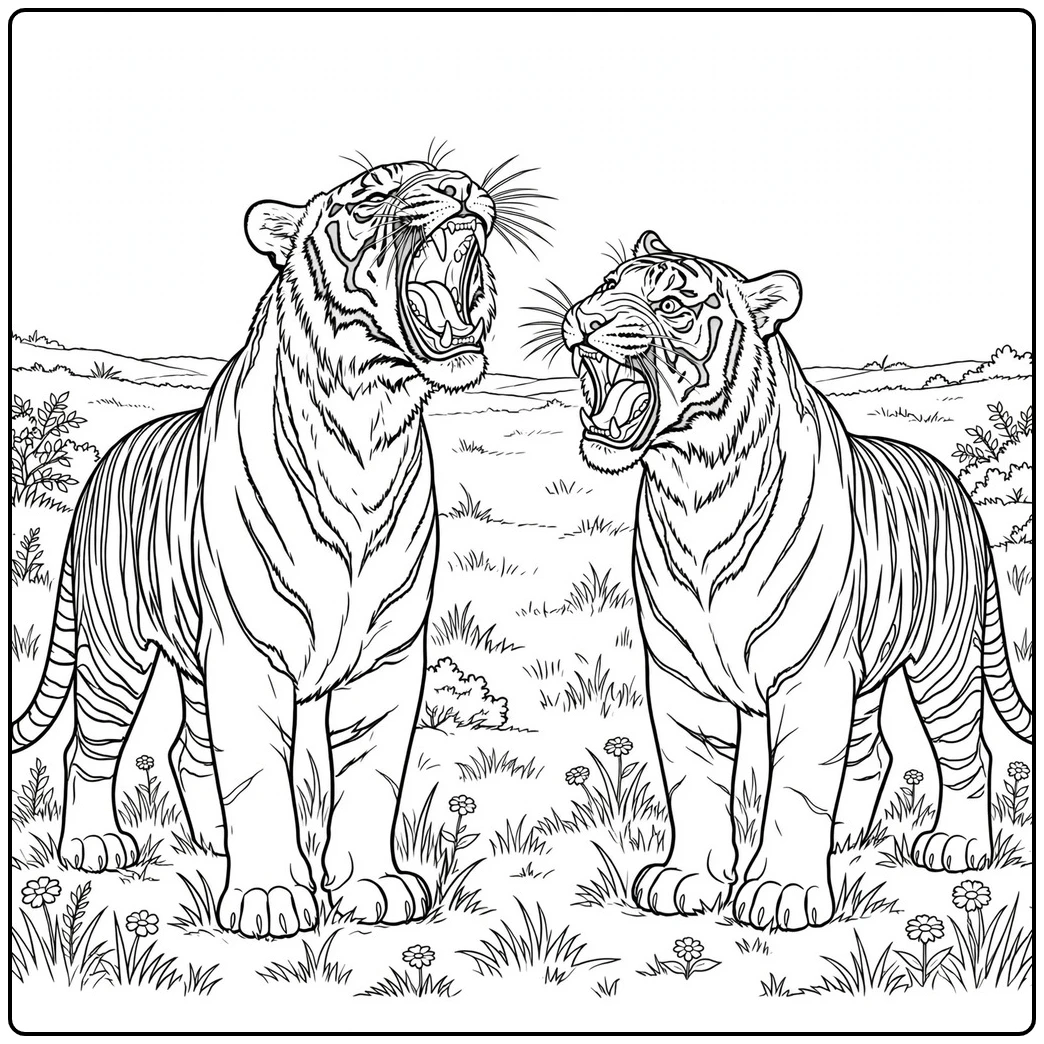 Two tigers roar toward each other in an open meadow dotted with small wildflowers