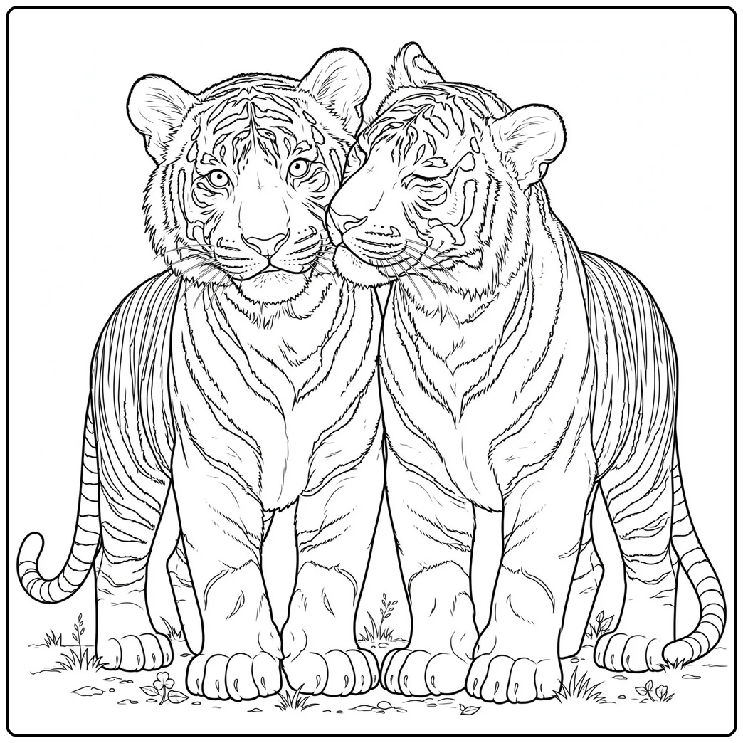 Two tigers standing close together with one gently nuzzling the other