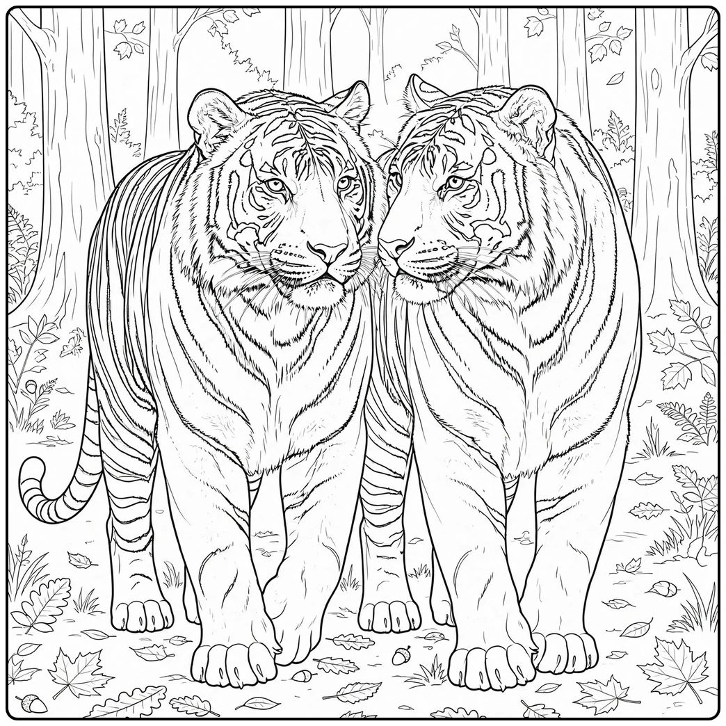 Two tigers walking close together in a realistic tiger coloring page for adults