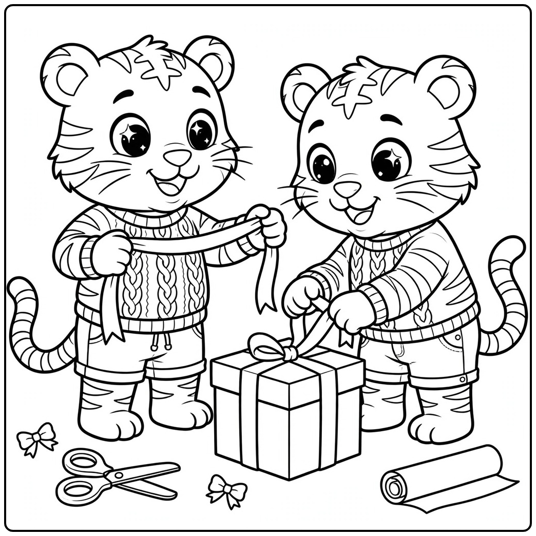 Two sweater-clad tigers wrapping a gift box with ribbon and scissors