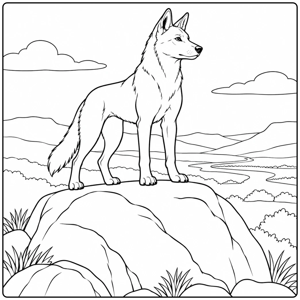 A dingo coloring page features a watchful wild dog atop a boulder overlooking a river