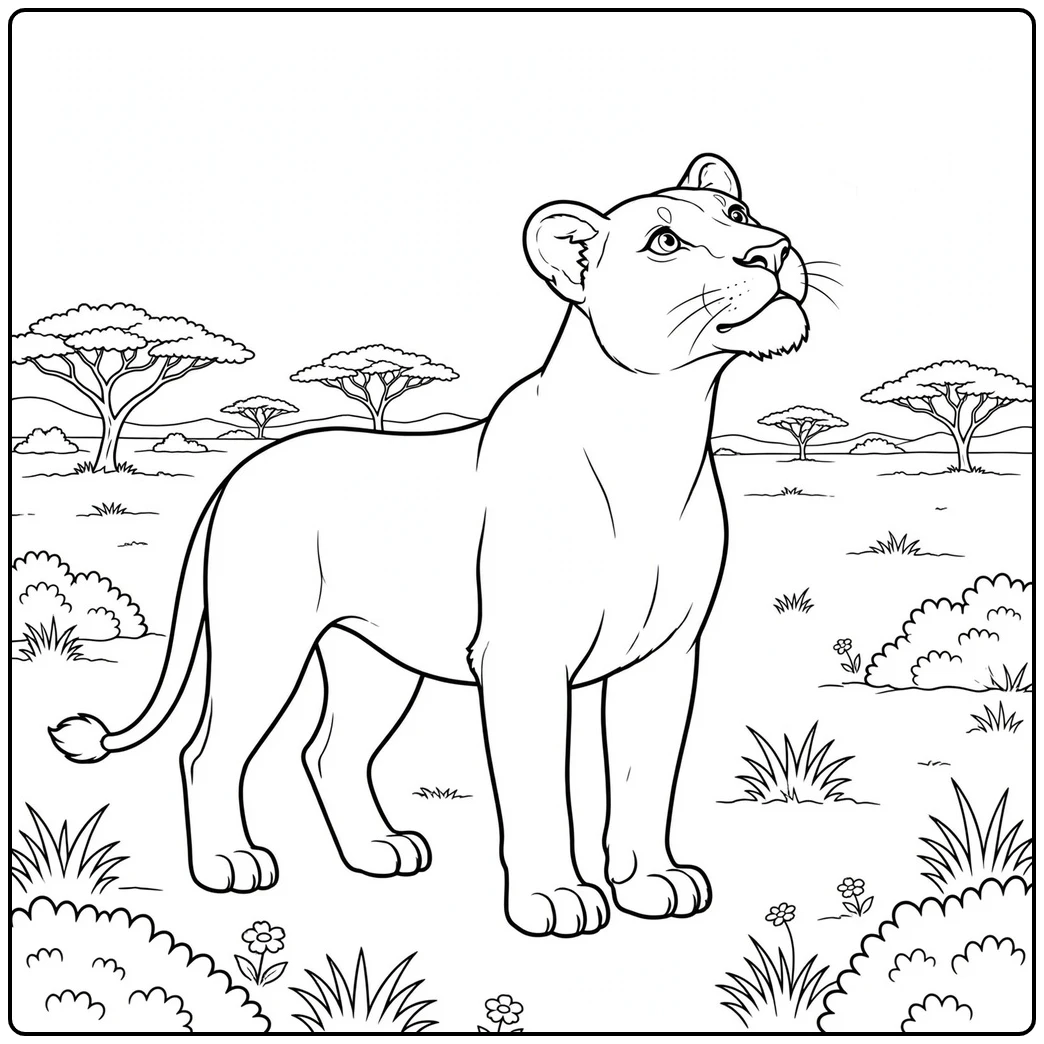 Adult lioness stands tall and looks upward across a quiet savanna landscape
