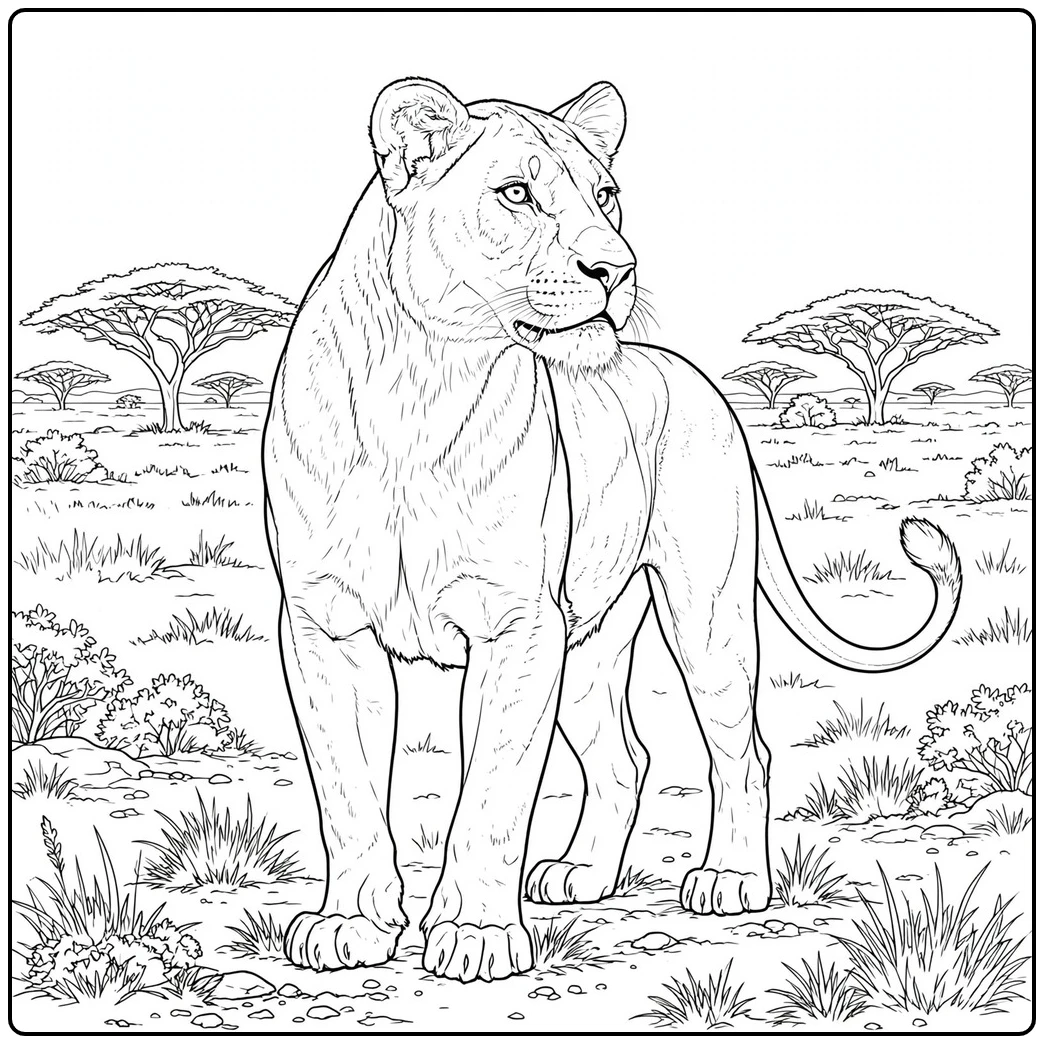 Lioness stands watchfully in an open savanna dotted with acacia trees