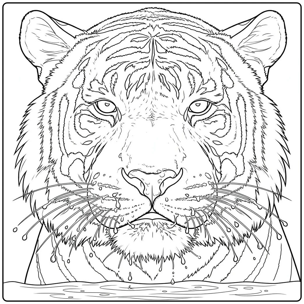 Water droplets cover a realistic tiger face coloring page with a direct steady gaze