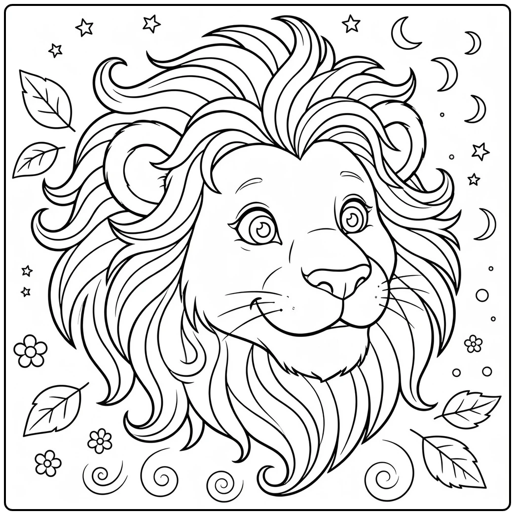 Cute male lion face with curling mane, stars, crescent moons, and scattered leaves