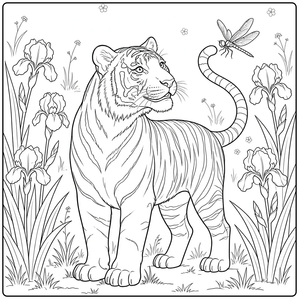 White tiger coloring page with a standing tiger among iris flowers and a dragonfly