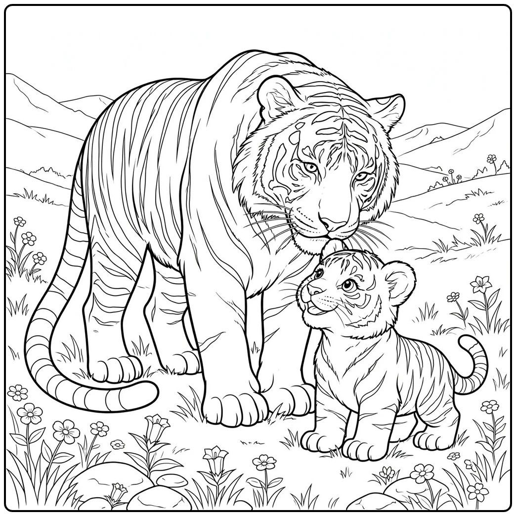 White tiger mother and cub share a gentle moment in a flower-filled mountain meadow