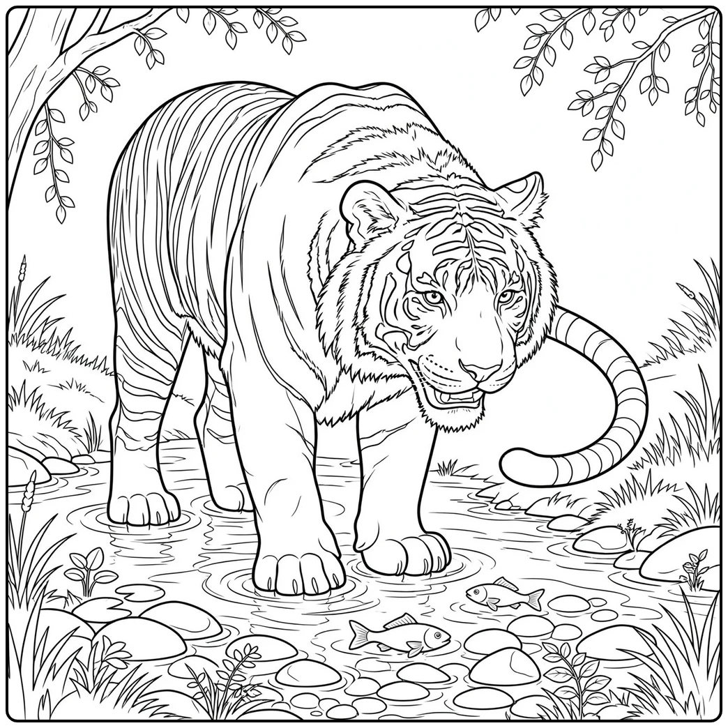Large white tiger wading through a shallow stream with fish and rounded river stones