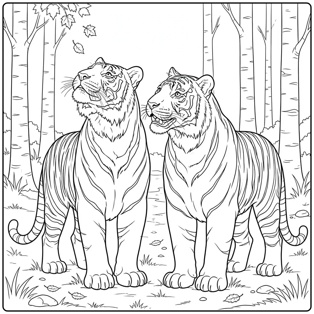 Two white tigers stand together in a birch grove while loose leaves drift overhead