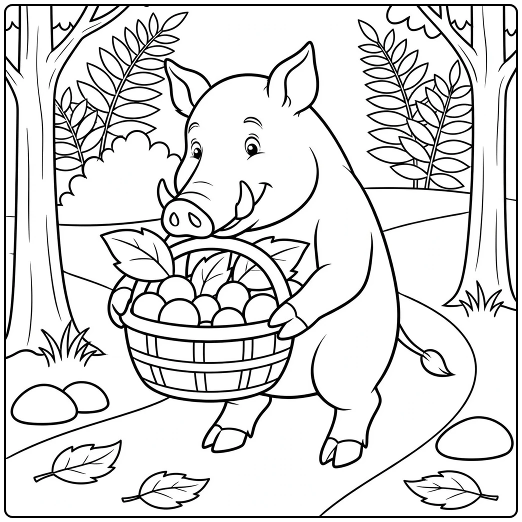 Adult wild boar carrying a basket of berries along a woodland path lined with ferns