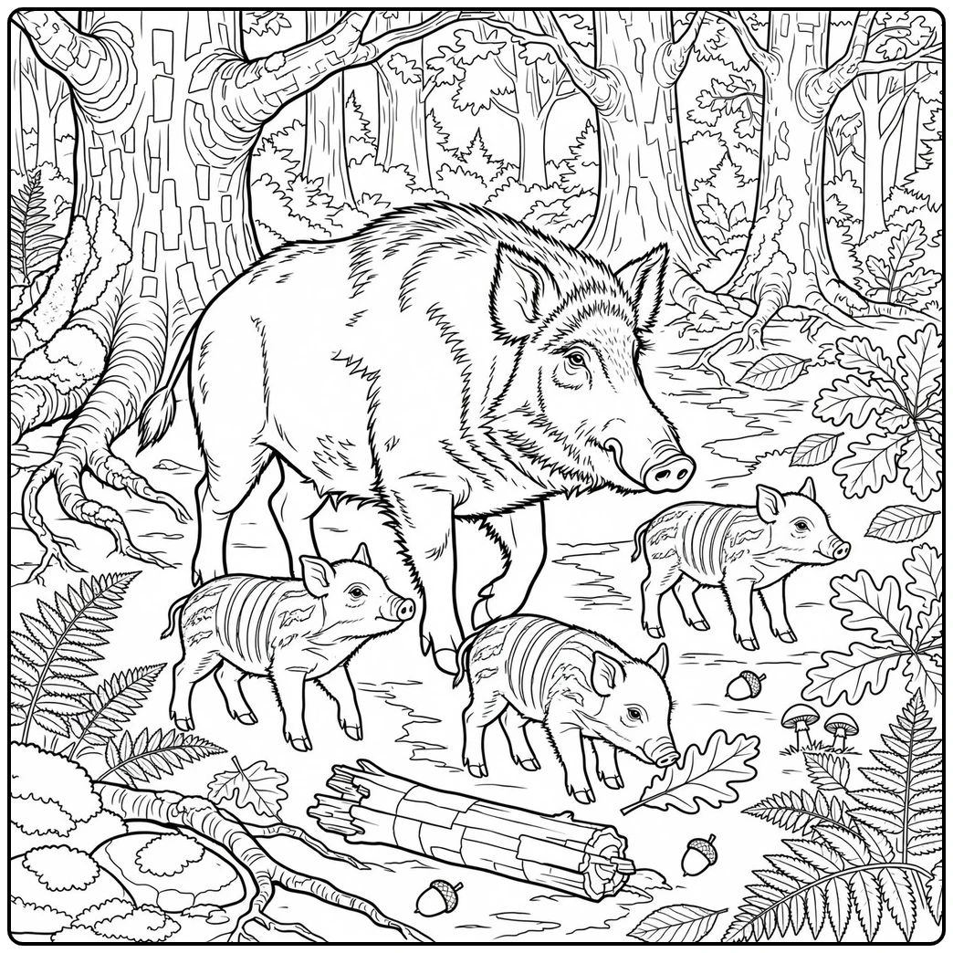 Wild boar coloring page featuring a mother and three striped piglets in a leafy forest