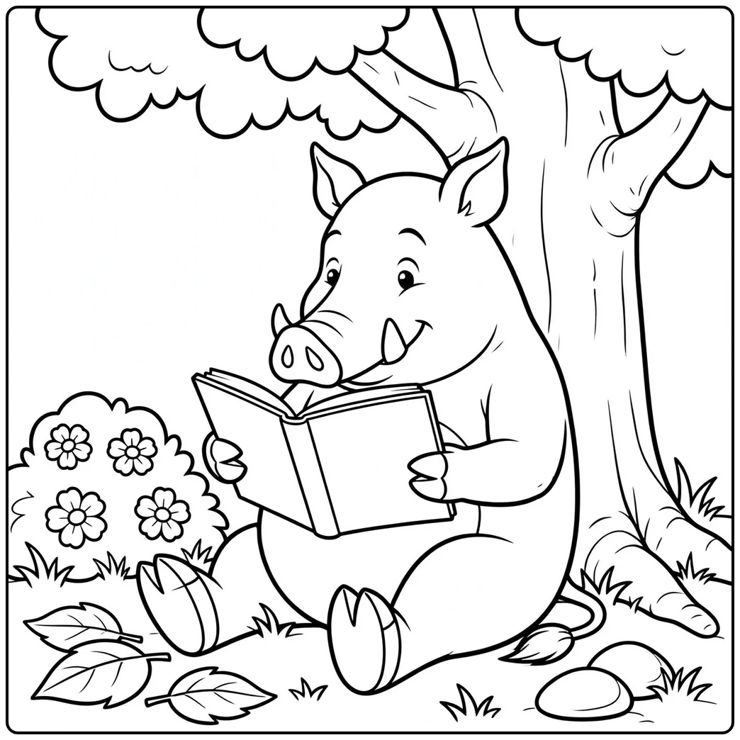 Happy wild boar sitting beneath a leafy tree while reading an open book