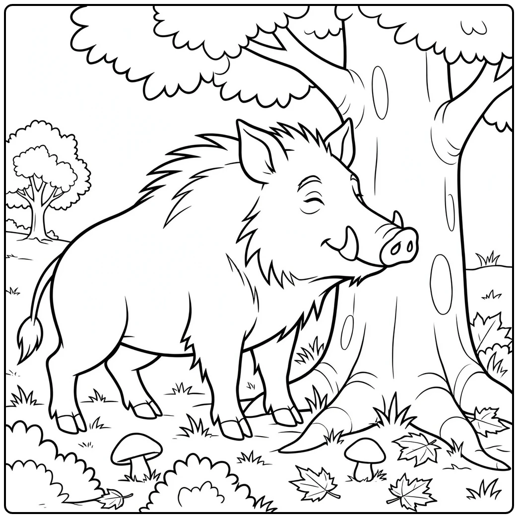 Wild boar rubbing its cheek against a large tree trunk among mushrooms and fallen leaves