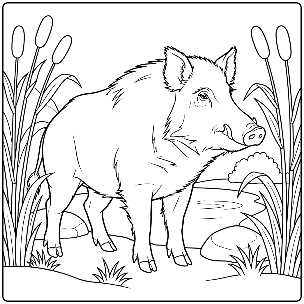 Adult wild boar standing among tall reeds beside a quiet wetland pool