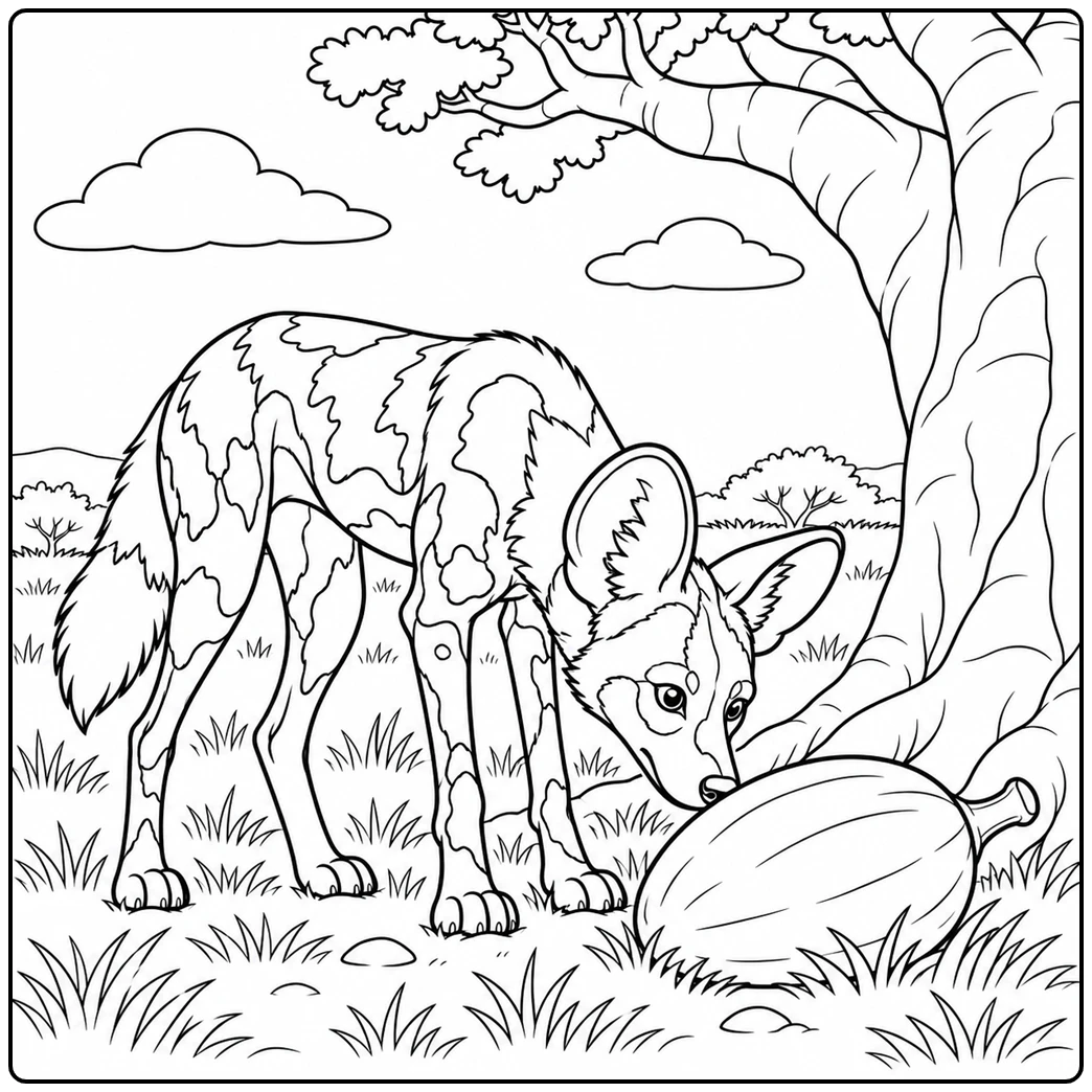 African wild dog sniffs a fallen baobab fruit beneath a broad savanna tree