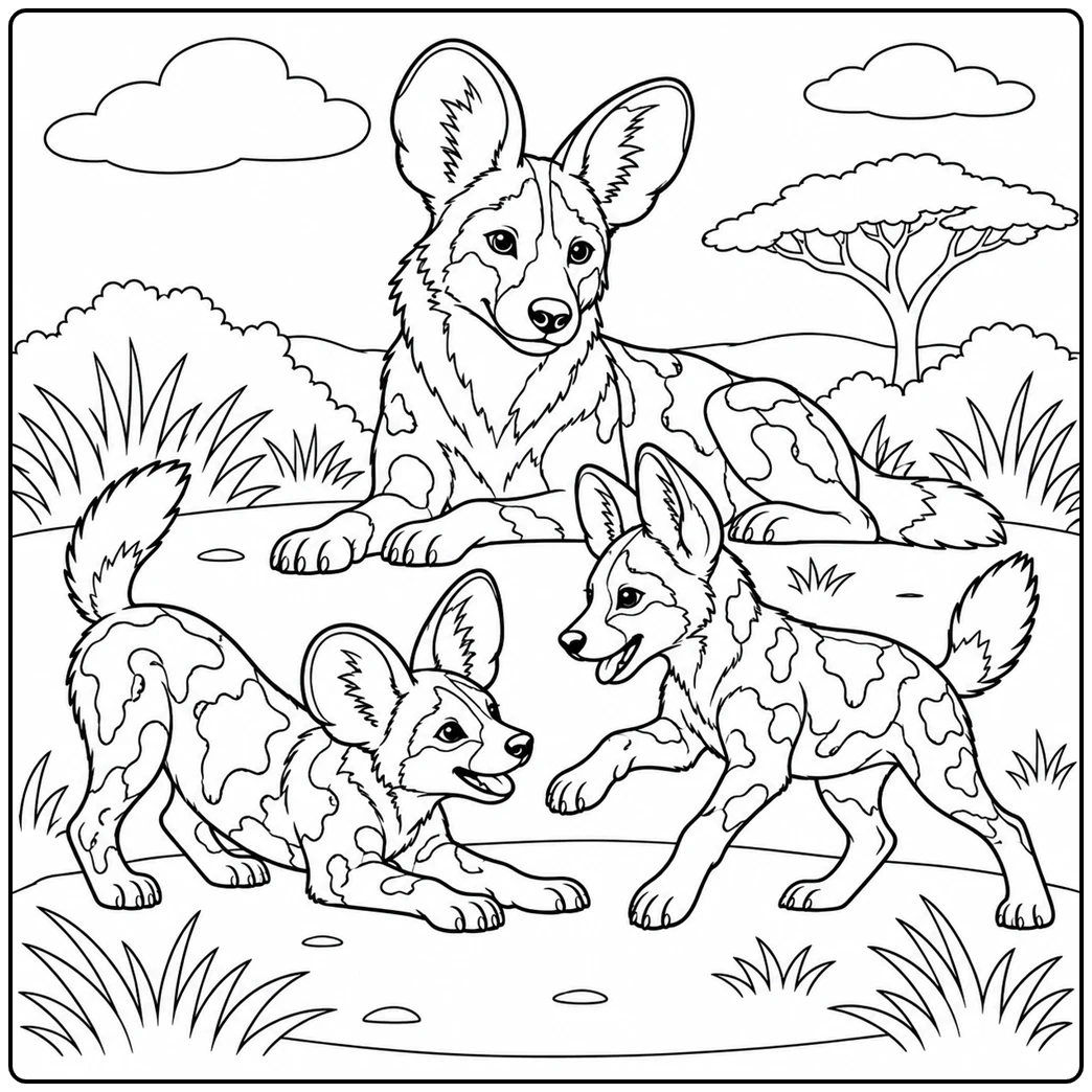 Adult African wild dog rests nearby as two playful pups romp on the grass