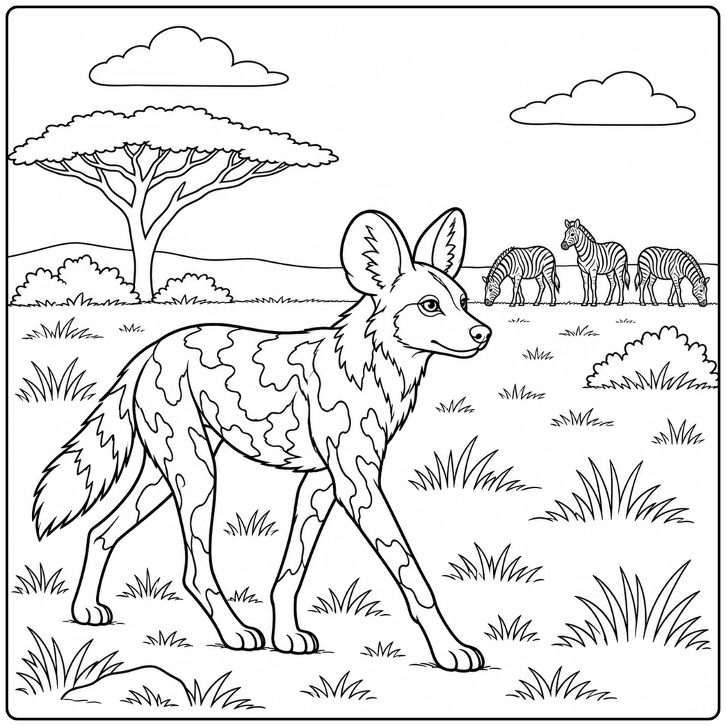 An alert African wild dog watches grazing zebras in this wild dog coloring page