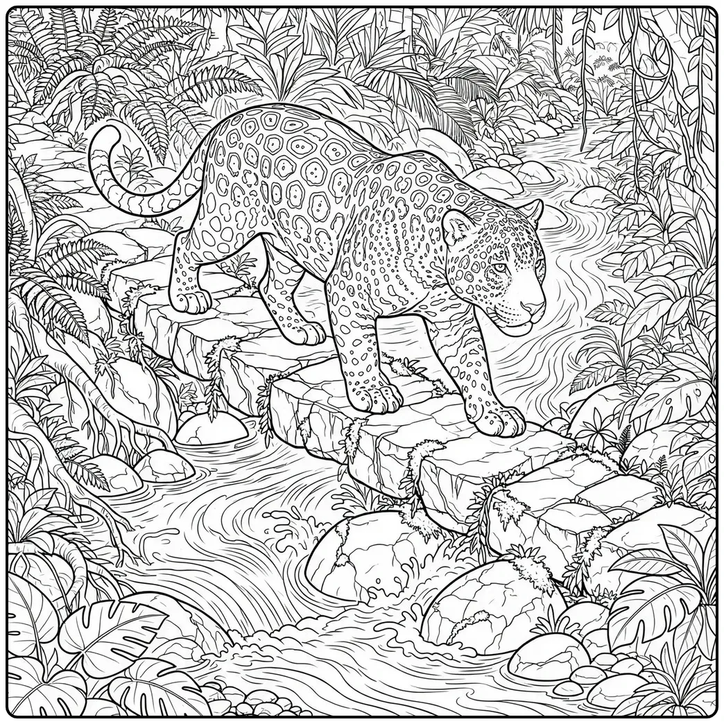 Realistic jaguar coloring page showing a spotted jaguar crossing a stone bridge over a stream