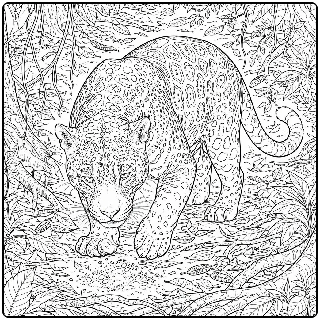 An adult jaguar examining paw prints on a jaguar coloring page filled with fallen forest leaves