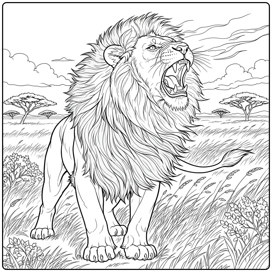Windblown male lion roars across grass in a realistic lion roaring coloring page