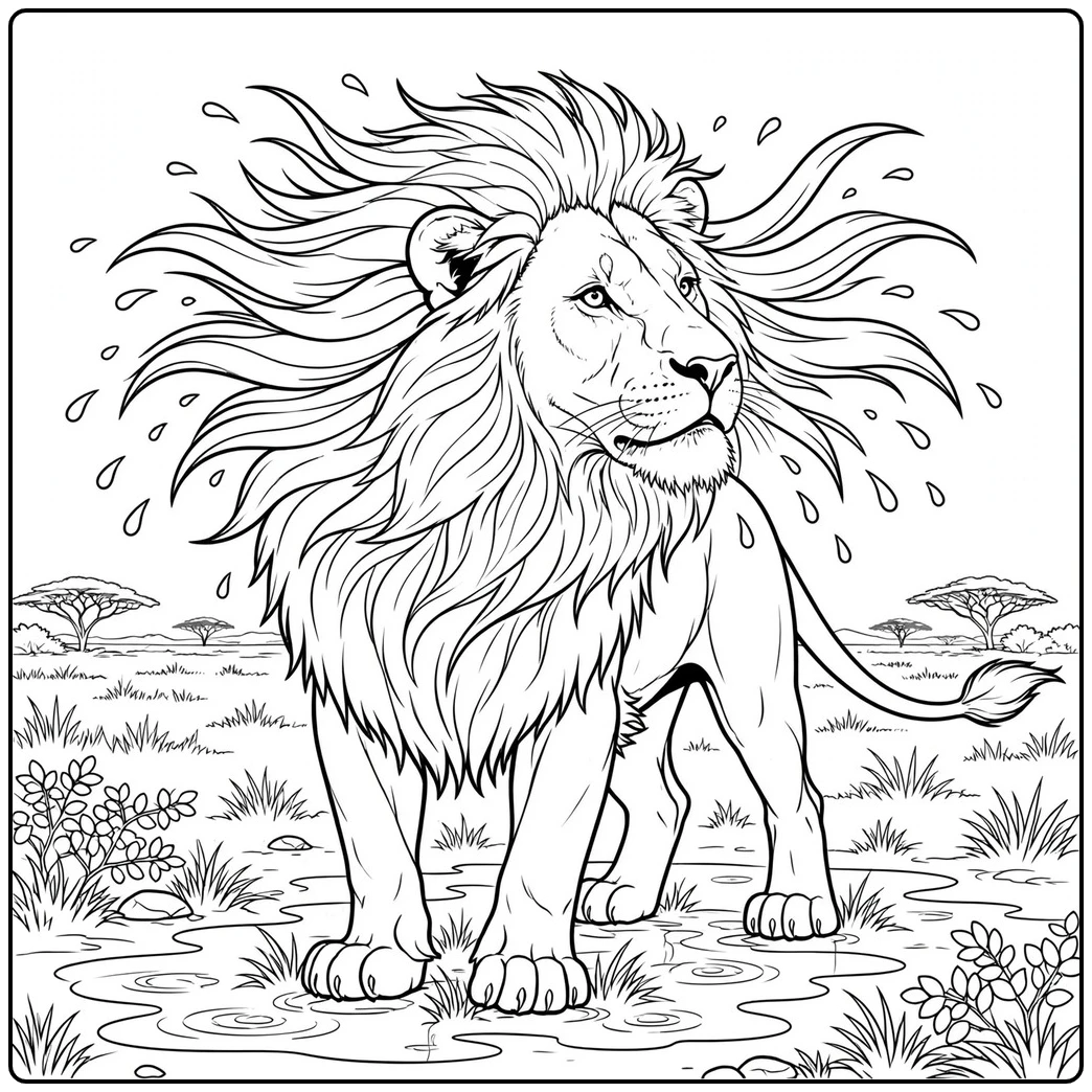 Male lion stands in shallow water on a realistic lion coloring page with windblown mane