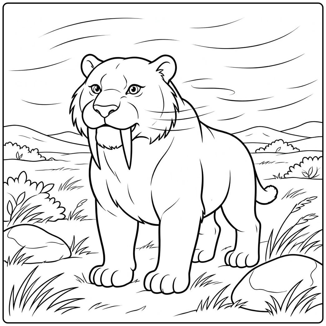 Strong saber tooth tiger standing in a windy grassland with rocks and low shrubs
