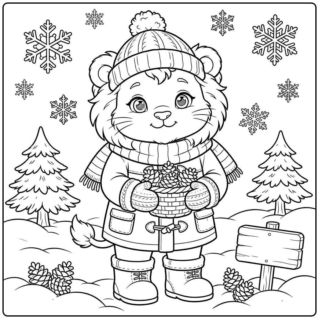 Winter lion carries a basket of pinecones between snowy evergreen trees