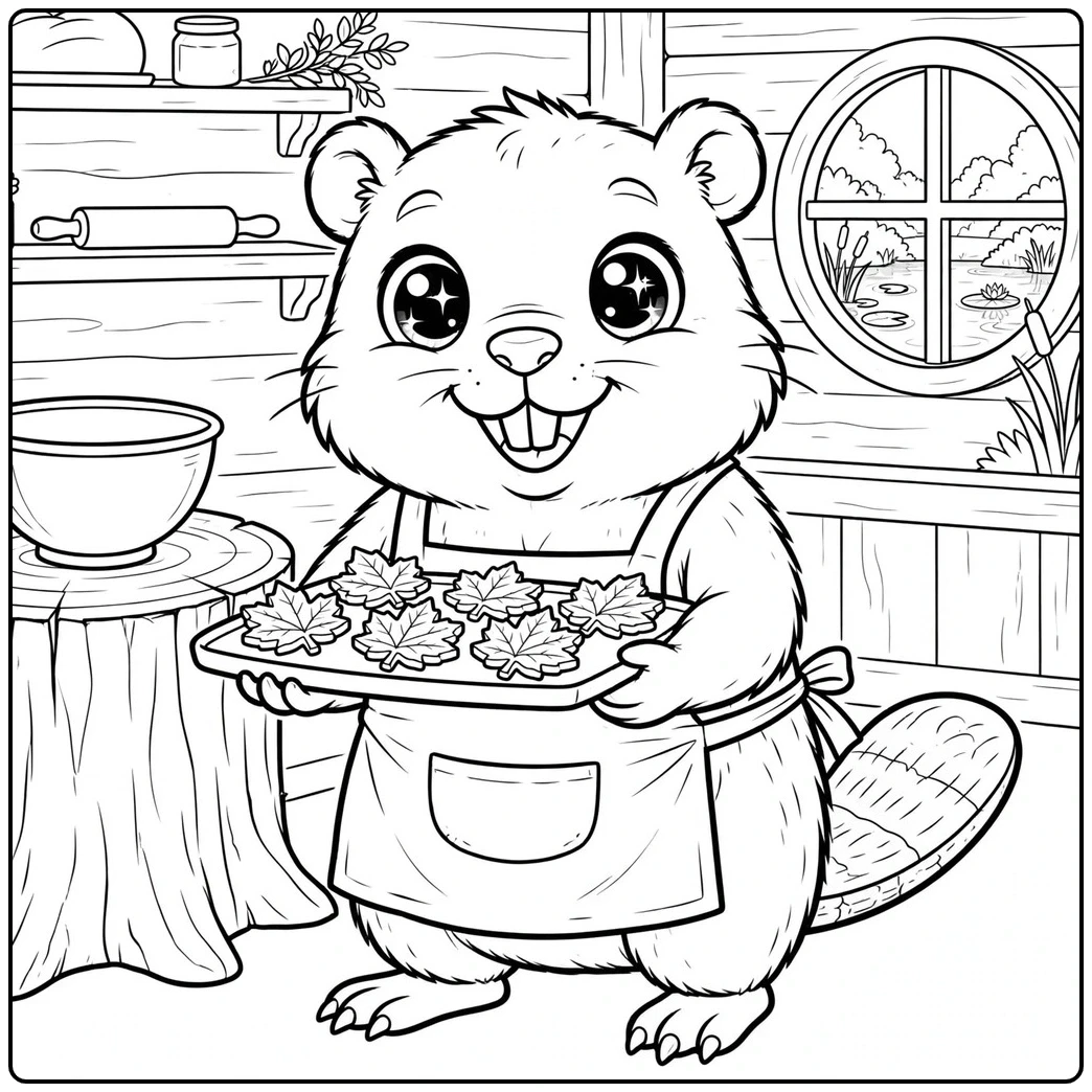 A beaver coloring page of a smiling baker holding a tray of leaf-shaped cookies