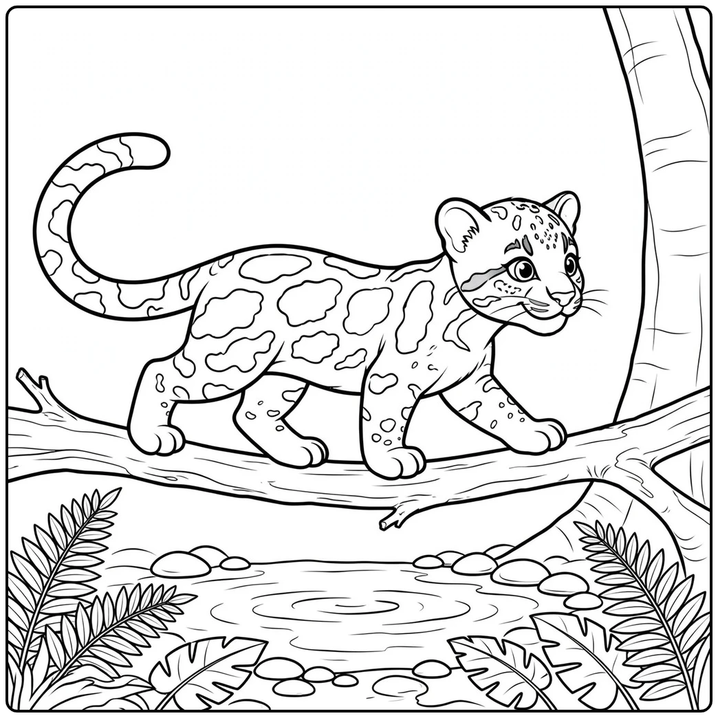 Young clouded leopard coloring page walking along a branch above a forest stream