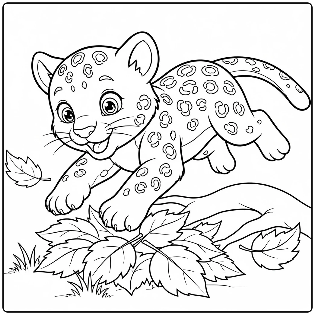 Leopard cub leaping over a leafy log with its tail curved behind