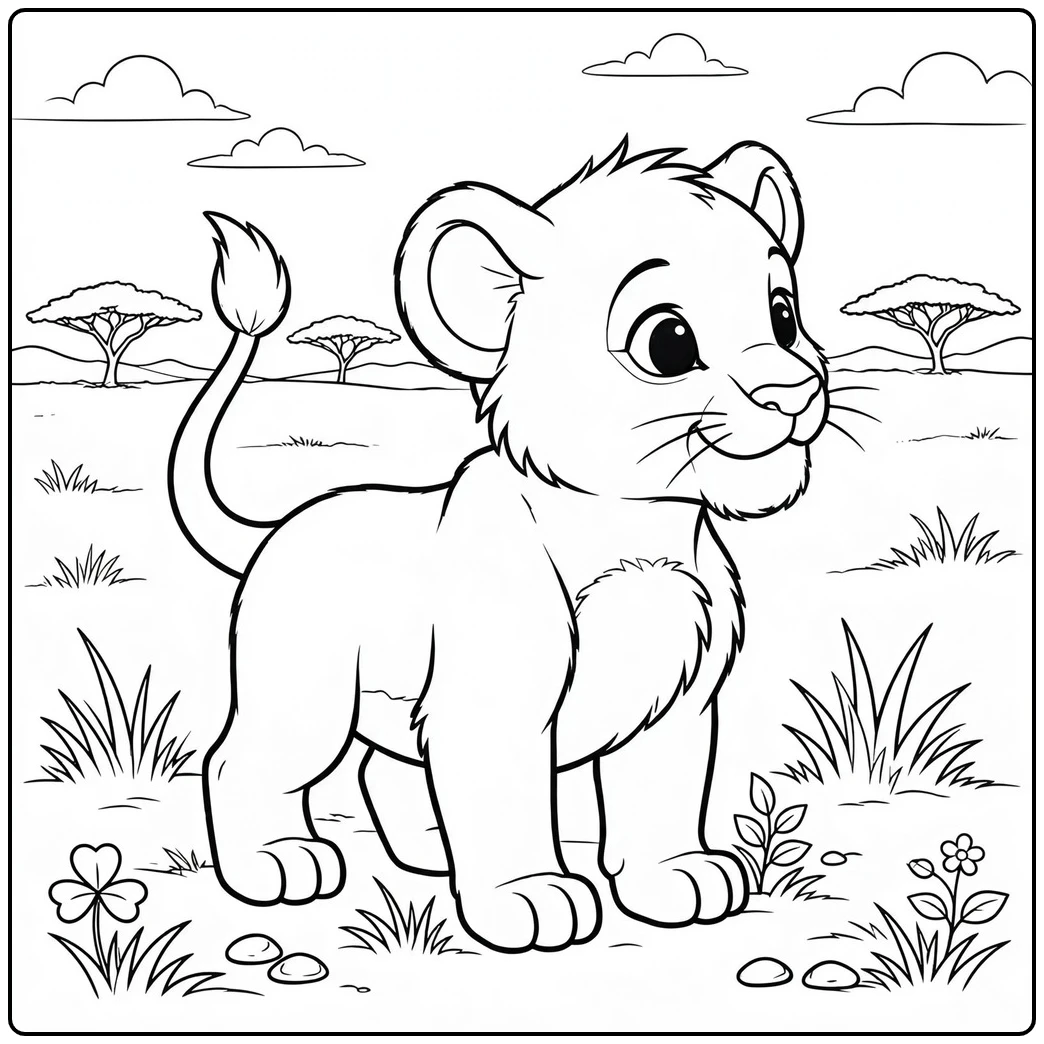 Young lion cub stands alert on open savanna grass with distant acacia trees