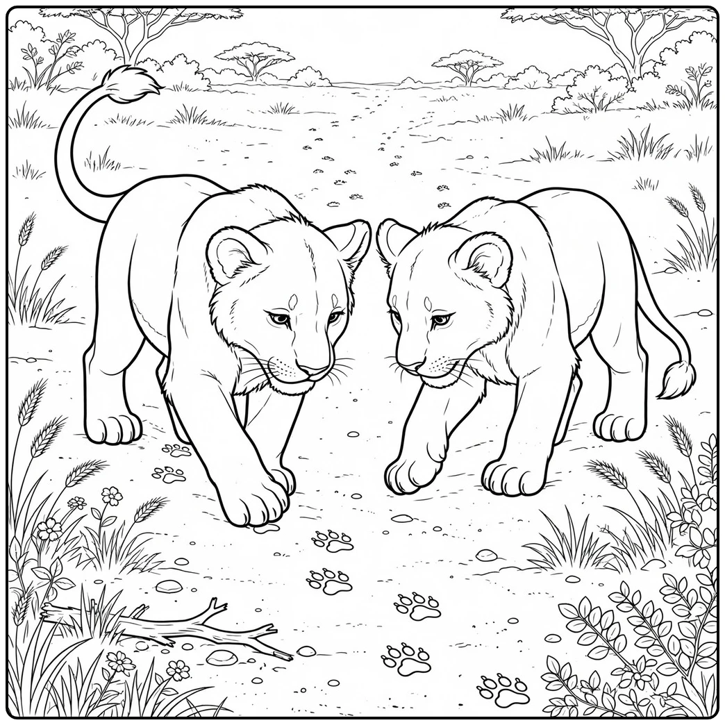 Two young lions follow paw prints along a detailed savanna trail