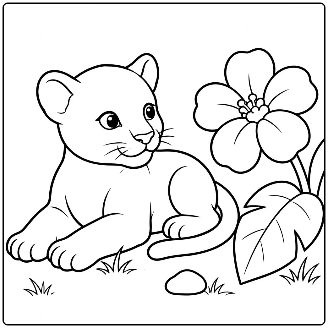 Young panther resting beside a large flower in simple panther coloring pages