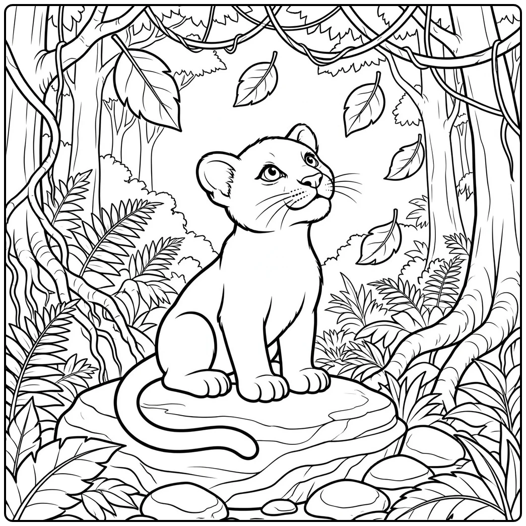 Young panther on a rock watching falling leaves in panther coloring pages